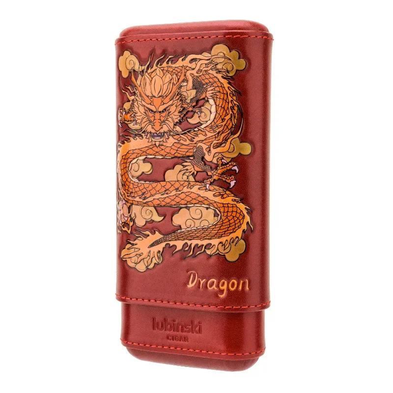 LUBINSKI Year of The Dragon Totem Cigar Case Three-piece Portable Cowhide Cedar Wooden Cigar Case