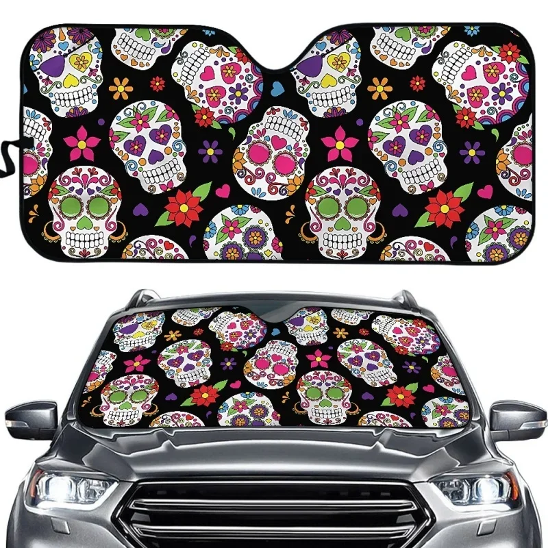 INSTANTARTS Universal Auto Sun Shade Reflector Vintage Sugar Skull Floral Printed Car Sun Shade for Windshield Car Accessories