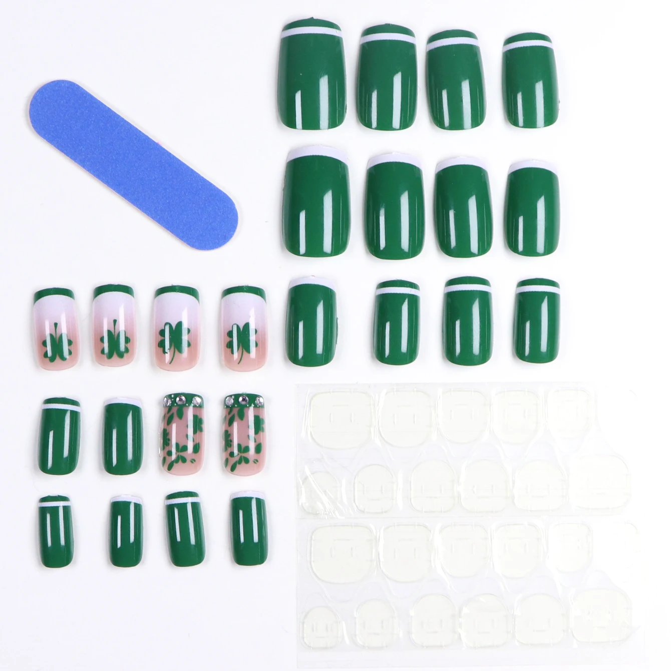 24PCS- Green square fake nails with French and white trim, lucky four-leaf clover decoration, rhinestone setting, exquisite eleg