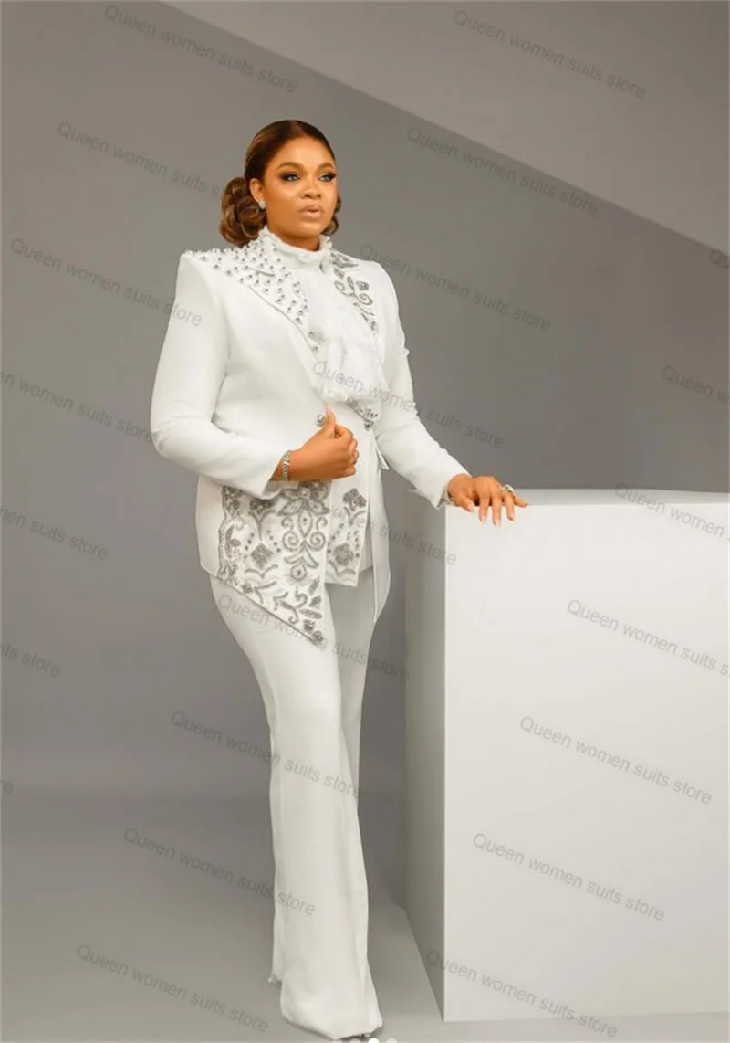 Crystals White Women Suits Pants Set 2 Pieces Blazer+Trousers Wedding Prom Tuxedo Formal Office Lady Tailored Size Jacket Coat