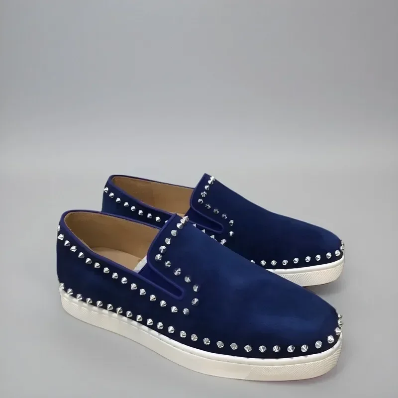 Low Top Red Bottom Shoes For Men Trainers Driving Spiked Blue Suede Genuine Leather Circle Silver Rivets Flats Sneaker Luxury