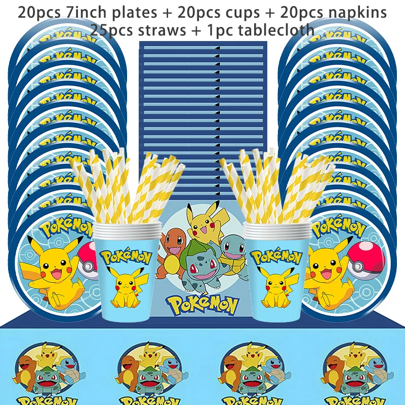 Pokemon Party Einweg-Geschirrset Teller Becher Servietten Strohhalme Tischdecke für Pikachu Geburtstagsparty Dekorationen Zubehör