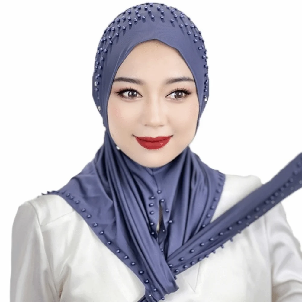 Convenient Soft Beaded Instant Hijab Breathable Easy Wrap Malay Headscarf Stretch Solid Color Pull-On Turban Formal