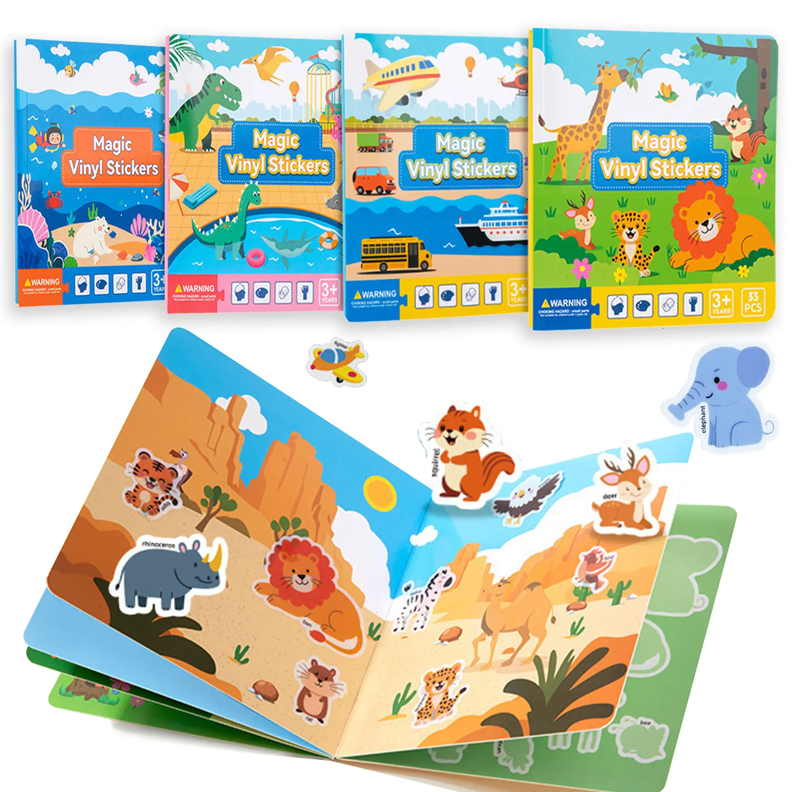 4 Scenes In 1 Sticker Book Activity for Kids Toddler Airplane Travel Essentials Wildlife Ocean Vechile Dinosaur Reusable Sticker
