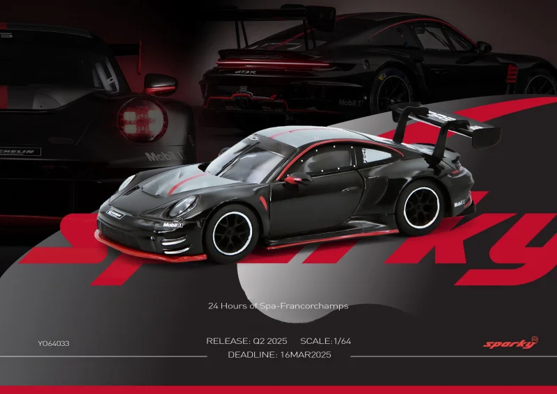 Sparky Tiny Exclusive 1:64 911 GT3 R 24 Hours of Spa-Francorchamps czarny Model kolekcjonerski odlewany pod ciśnieniem
