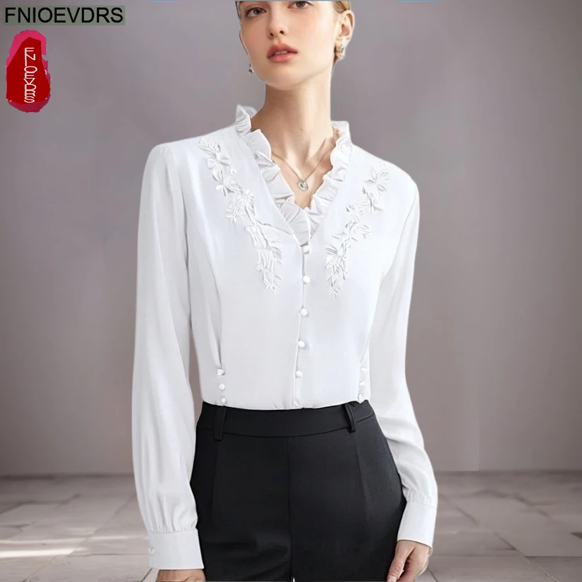 레트로 빈티지 러플 탑 블라우스 가을 봄 여성 긴팔 솔리드 자수 꽃무늬 그린 퍼플 화이트 기본 셔츠