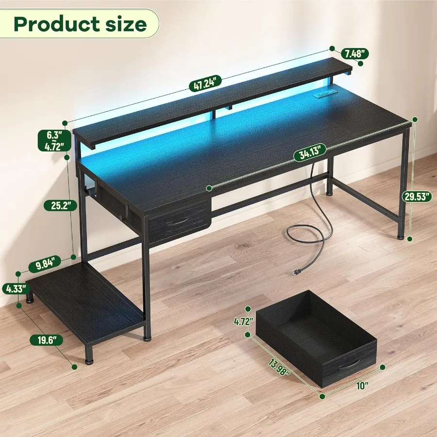 47.2 Adjustable Height Gaming Desk with Builtin Power Outlet and Ambient LED Lighting Compact Computer Desk Featuring Dual Moni