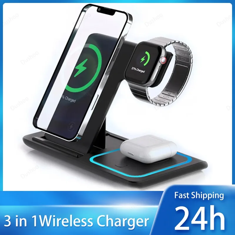 

Многофункциональная складная беспроводная зарядная станция 3-в-1 мощностью 15 Вт для iPhone 17, 16, 15, 14, 13 Pro Max, iWatch Ultra, Airpods Pro – быстрая зарядная док-станция/подставка