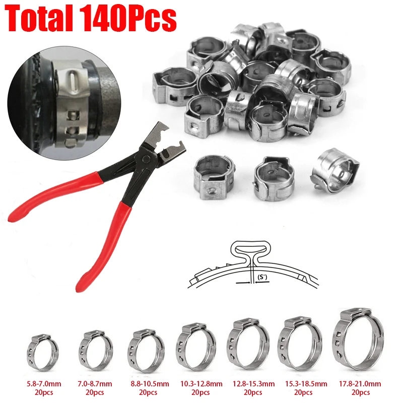 140pcs Single Ear Stepless Hose Clamps +1PC Hose Clip Clamp Pliers 5.8-21.0mm 304 Stainless Steel Hose Clamps Cinch Clamp Rings