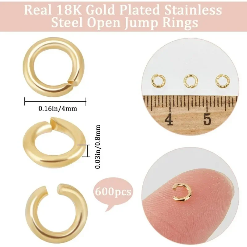 600Pcs 4mm Open Jump Rings 18K Gold Plated Stainless Steel Single Loop Small Circle Frames O Ring Connectors for Bracelet