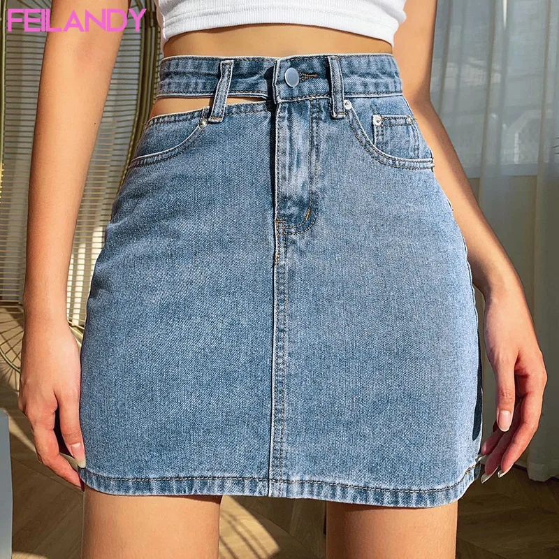 Imagem -03 - Saia Jeans Feilandy-chic de um Lado Oco para Mulheres Cintura Alta Slim Fit Nádegas Casuais Azul Embrulhado Saias Jeans Curtas