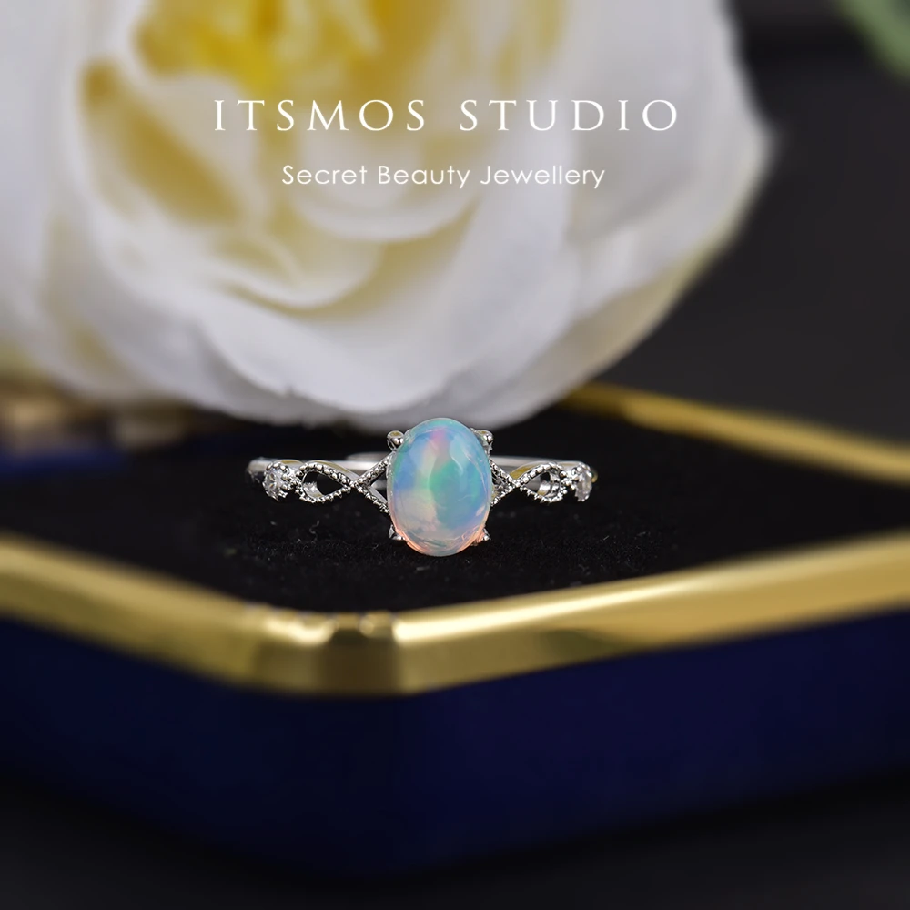 ITSMOS 100% Natural Opal Rings Silver Plated Copper Oval Stone Engagement Band Rings Dainty Luxury Jewelry for Women Gift