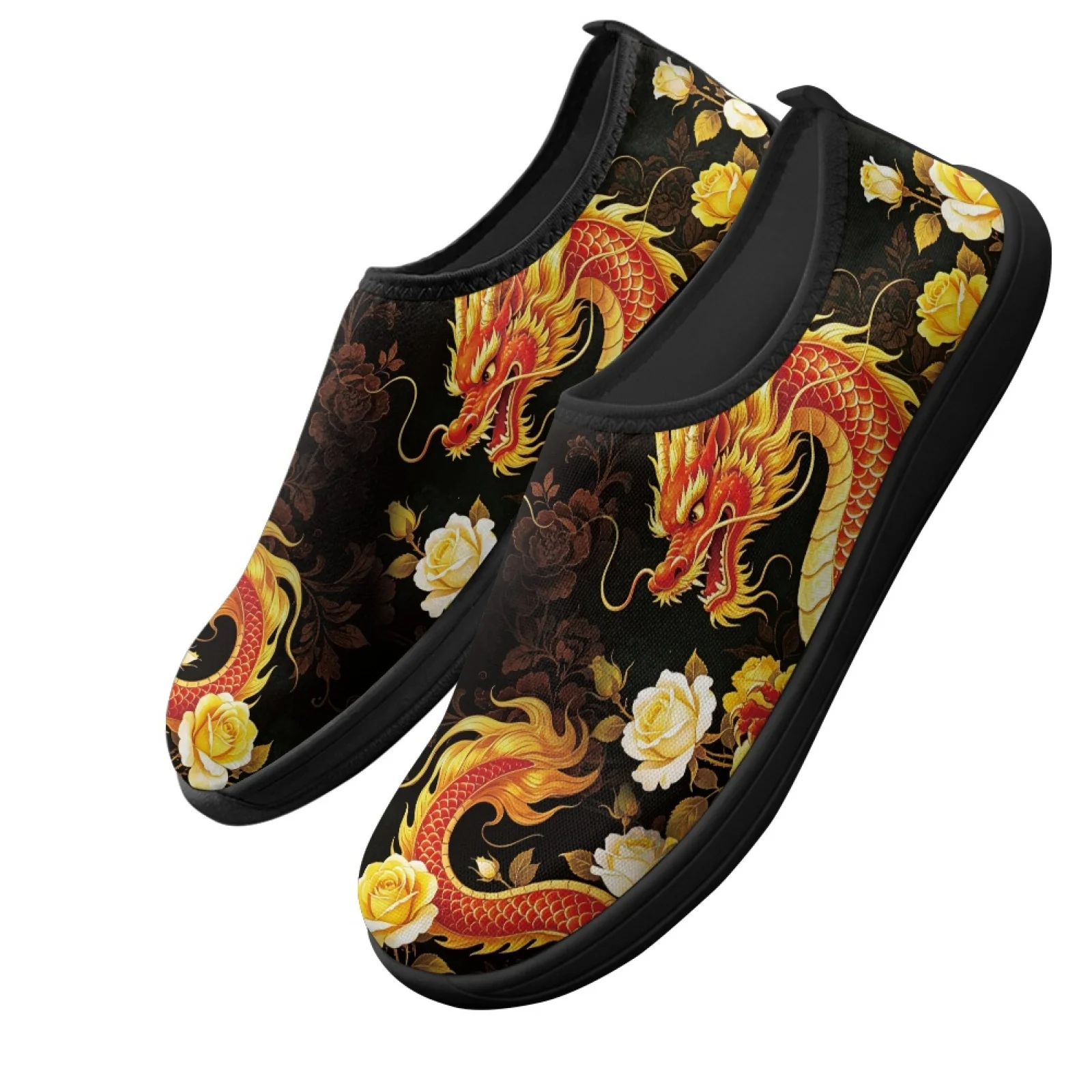 PENSTROLL Dragon Rose Floral Slip On Casual Non Slip Work Shoes for Men Polyester & EVA Zero Drop Sneakers Workout Gym Shoes