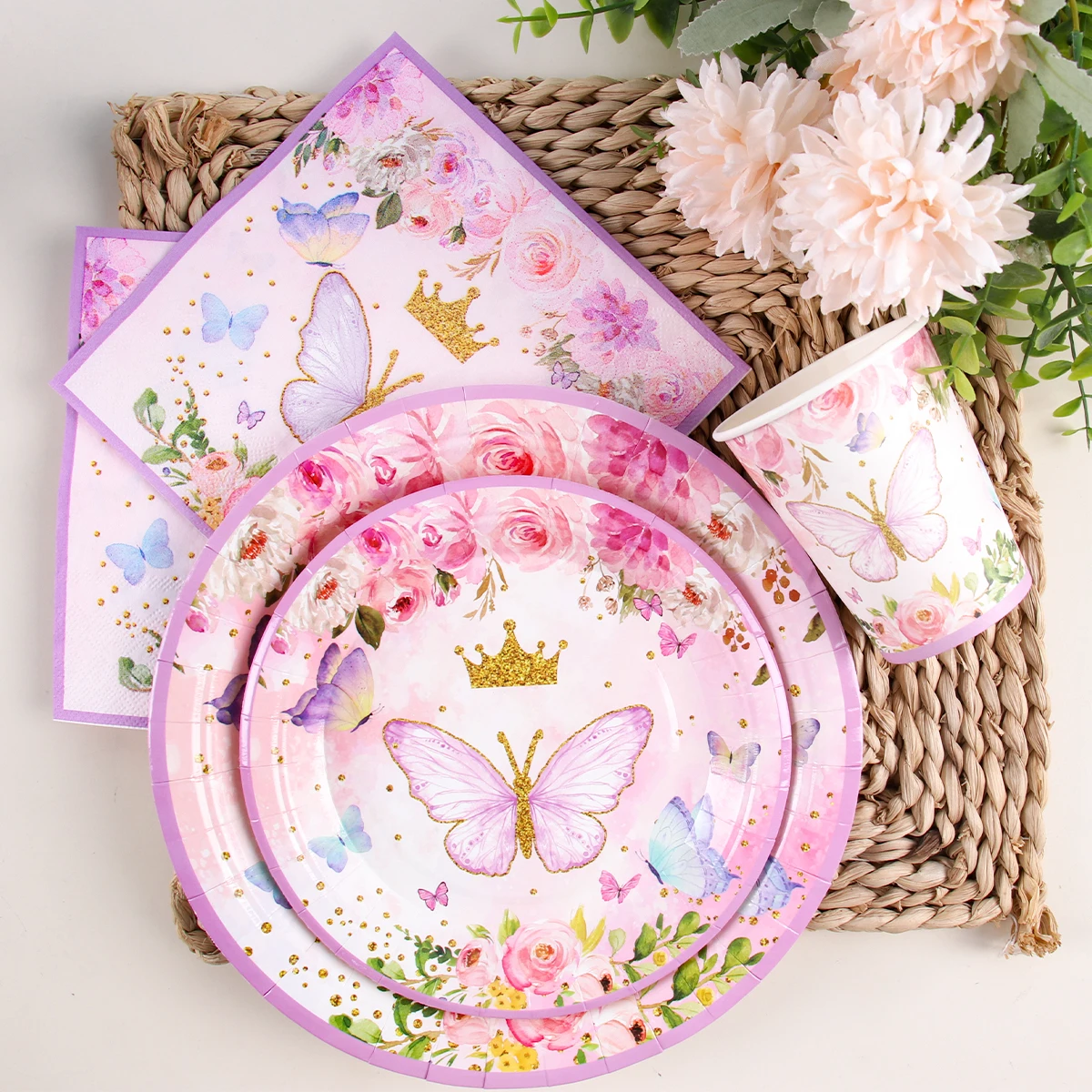 New Spring Butterfly Party Disposable Tableware Set Paper Plate Napkin Banner Happy Birthday Party Decoration Baby Shower Girl