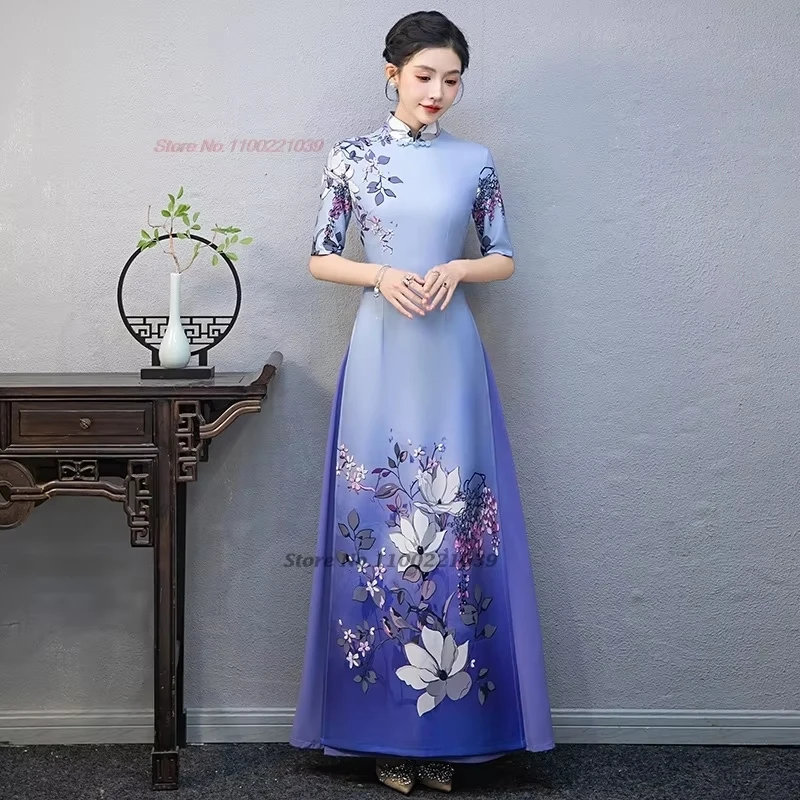 2024 vietnam traditional dress ao dai national flower print improved cheongsam oriental stage qipao party banquet evening dress