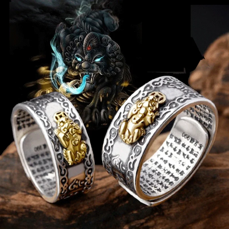 Pixiu Ring Charms Bring Luck Wealth Chinese Feng Shui Beast Treasure Amulet Open Adjustable Buddha Rings Jewelry Female Men Gift