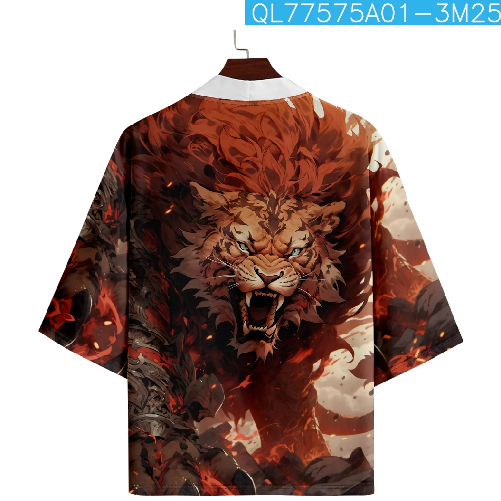 Japanese Style Anime Lion Print Traditional Kimono Men Cardigan Yukata Shirts Cosplay Haori