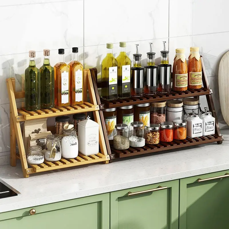 

Bamboo Desktop Folding Storage Rack 2-Tier Kitchen Seasoning Organizer Multifunctional Tabletop Spice Shelf Household Holder