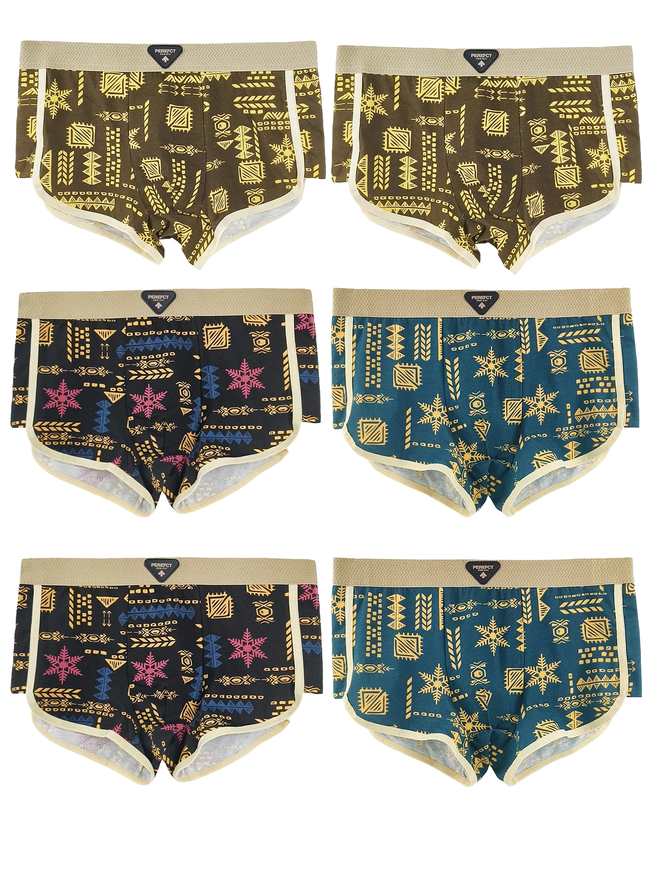 

Мужские хлопковые трусы-боксеры из 6 штук — пояс с логотипом «ИДЕАЛЬНО», этнический геометрический и узором снежинок, комплект нижнего белья разных цветов