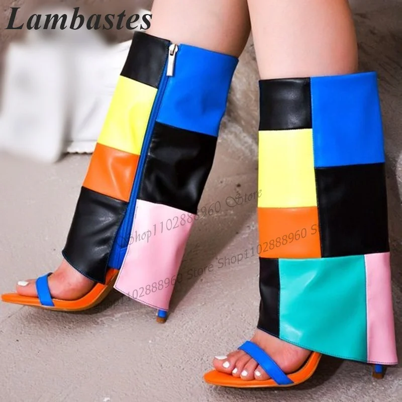 Mixed Color PU Leather Turned-Over Sandal Boots Stilettos High Heel Women Shoes Side Zipper Open Toe 2023 Zapatos Para Mujere