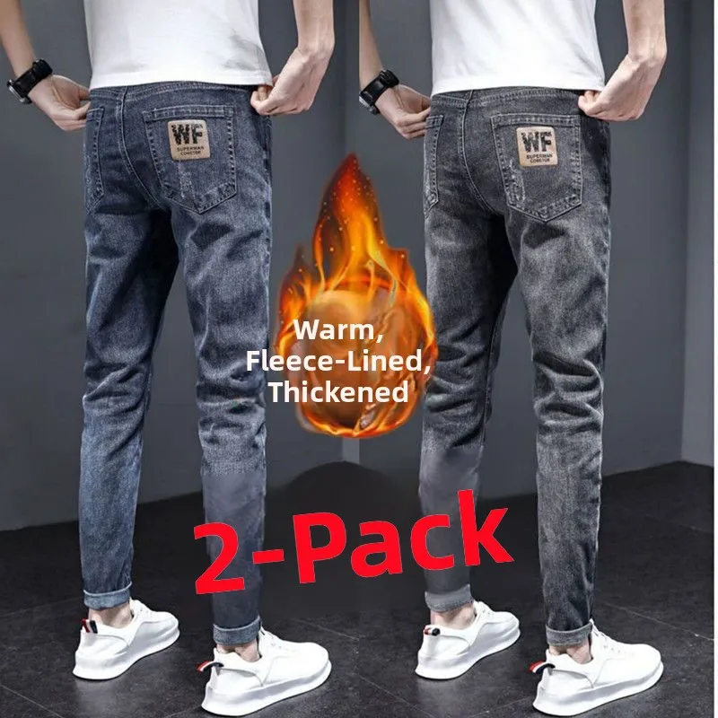 

Мужские утепленные джинсы на флисовой подкладке, повседневные, универсальные, облегающие, с эластичным поясом, длинные брюки, зимняя модная тенденция, хлопок, стрейч