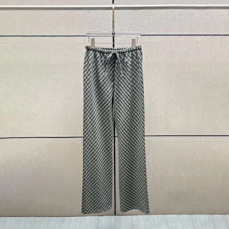 High-quality autumn new women's low-waisted belted custom plaid wide-leg trousers y2k fashion casual loose floor-length trousers
