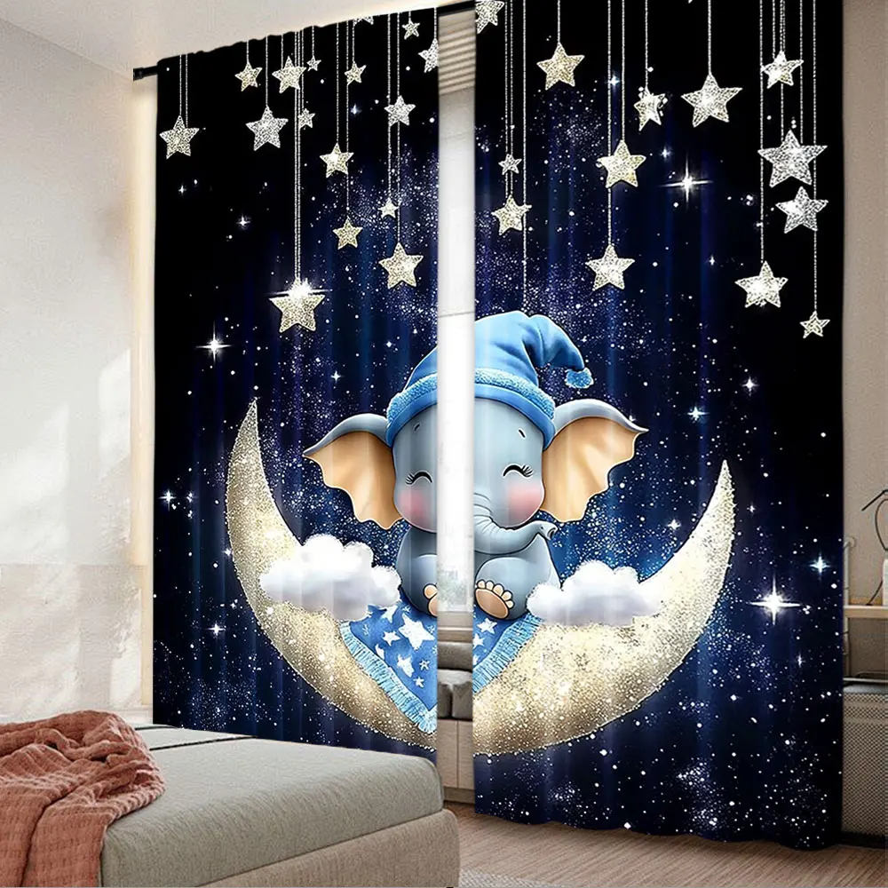 

2Pcs Cute Elephant Little Star Curtain Starry Night Window Drapes Decorations Suitable For Bedroom Bathroom Living Room