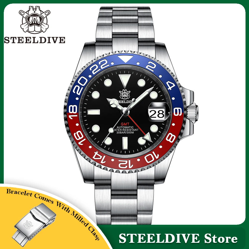 STEELDIVE NH34 Movement 2023 Four Hands G M T STEELDIVE 41MM SD1993 C3 Super Luminous 300M Waterproof Mens Dive Watch Timepiece