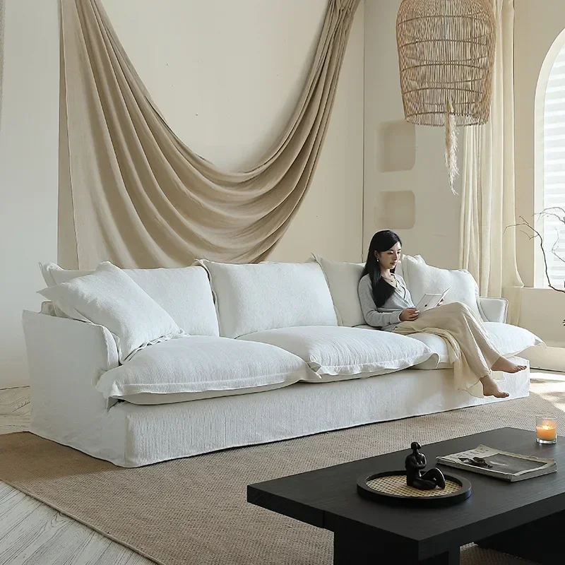 High-end cotton and linen fabric down Japanese-style living room three-person simple modern natural linen sofa