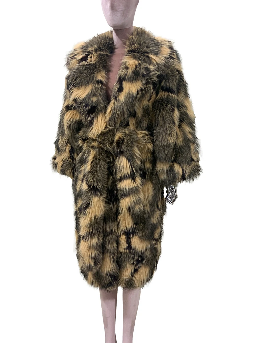 

Autumn Winter Long Colorful Multicolored Shaggy Hairy Thick Warm Faux Fox Fur Coat Women Chic Elegant Luxury Designer Clothes