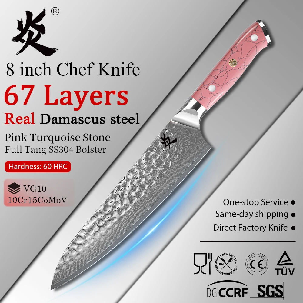 YAN Professional 8 Inch Damascus Steel Chef Knife AUS-10 Core Japanese Chef Kitchen Knives Pink Turquoise Resin Handle