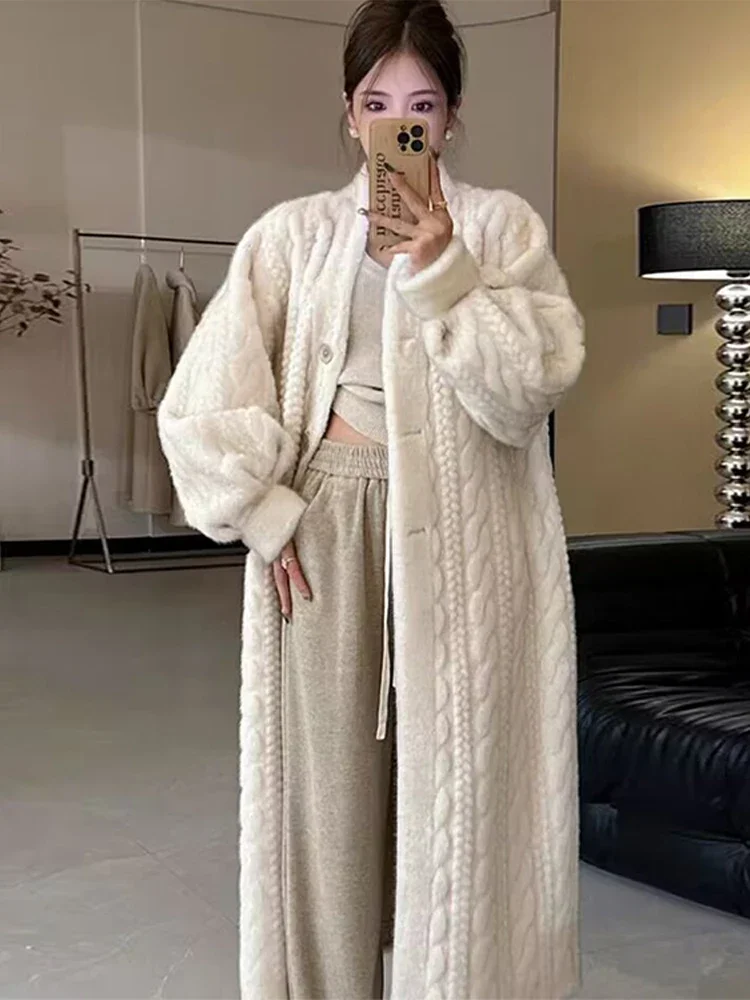 Thicken Faux Fur Coat Women 2024 Winter Long Sleeve Single Breasted Loose Female Midi Jacket Twists Knit Lady Fashion Outcoat