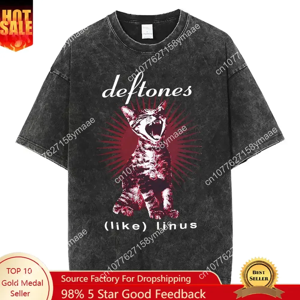 

Washed Vintage Rock Band Deftones Cat Graphic T-shirts Men Women Alternative Heavy Metal Short Sleeve T Shirts Male Retro Street
