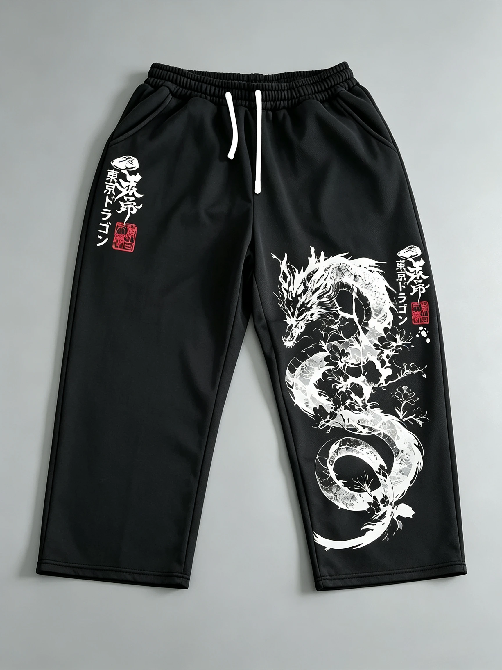 Japanese Dragon Cherry Blossom Print Straight‑Leg Jogger Pants Unisex Harajuku Streetwear Casual Hip Hop Sports Long Trousers