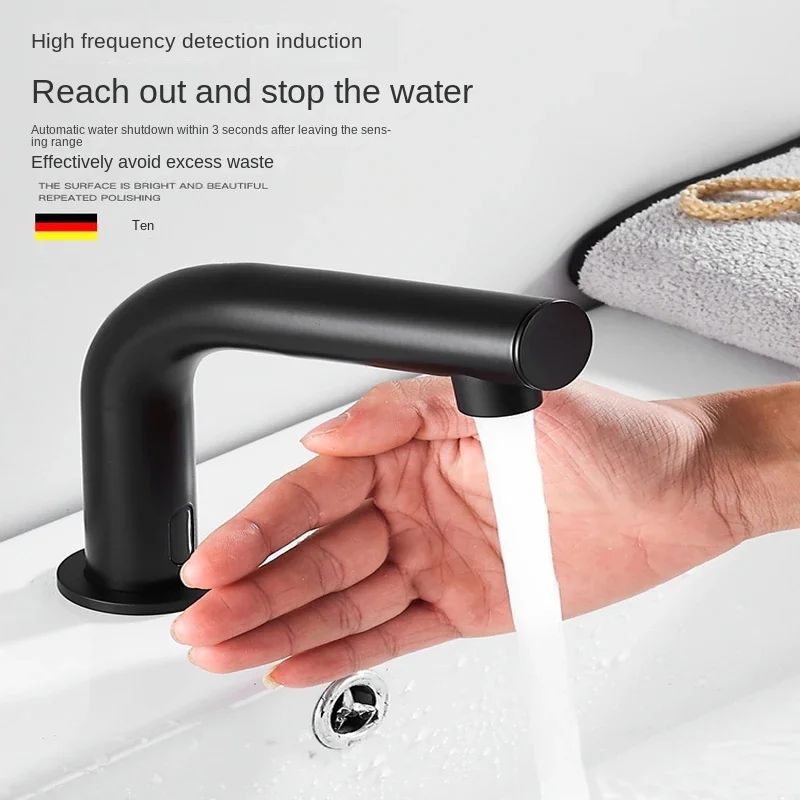 Zwarte Sensor Bassin Kraan Automatische Wastafel Kraan Met Warme Koude Mixer Touchless Gootsteen Kraan Voor Moderne Badkamers