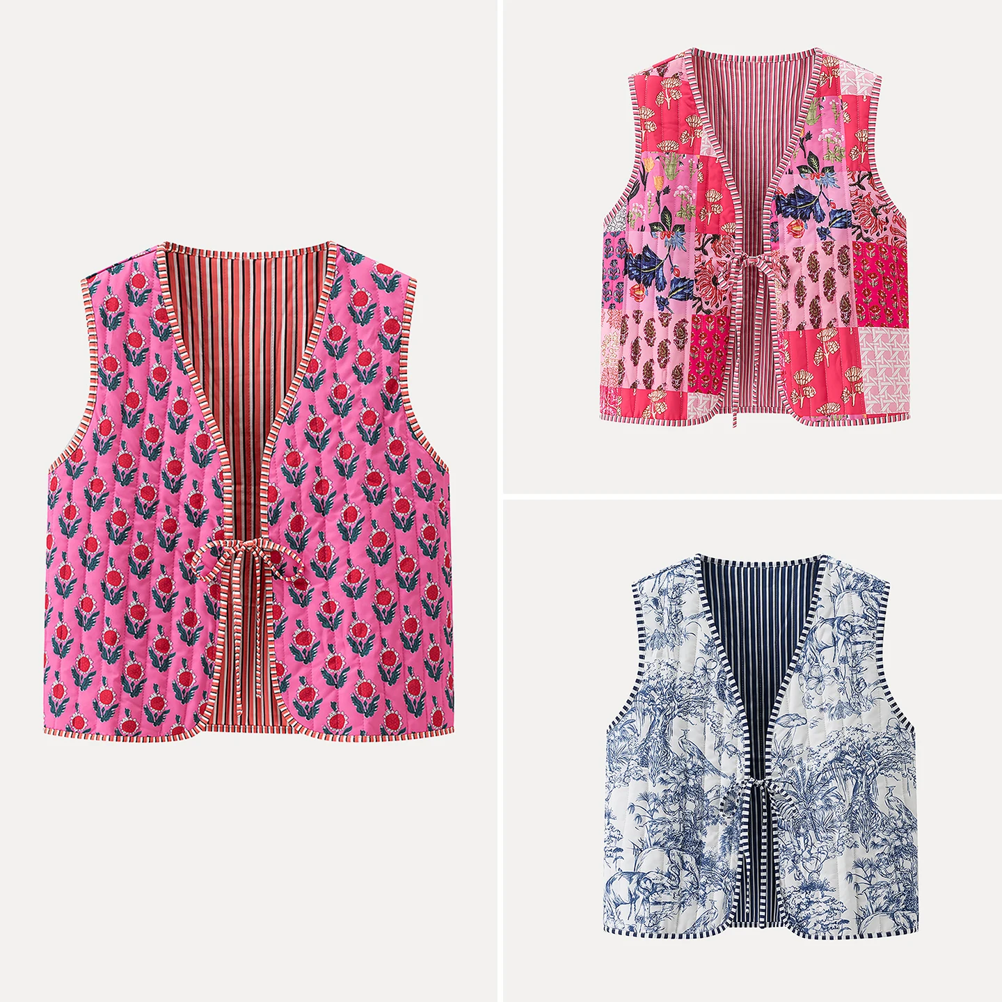 

Women's Casual V-ne Printed Rope-tied Cotton Vest Loose Fit Original Design Plant Floral Patterned Top Z Brand