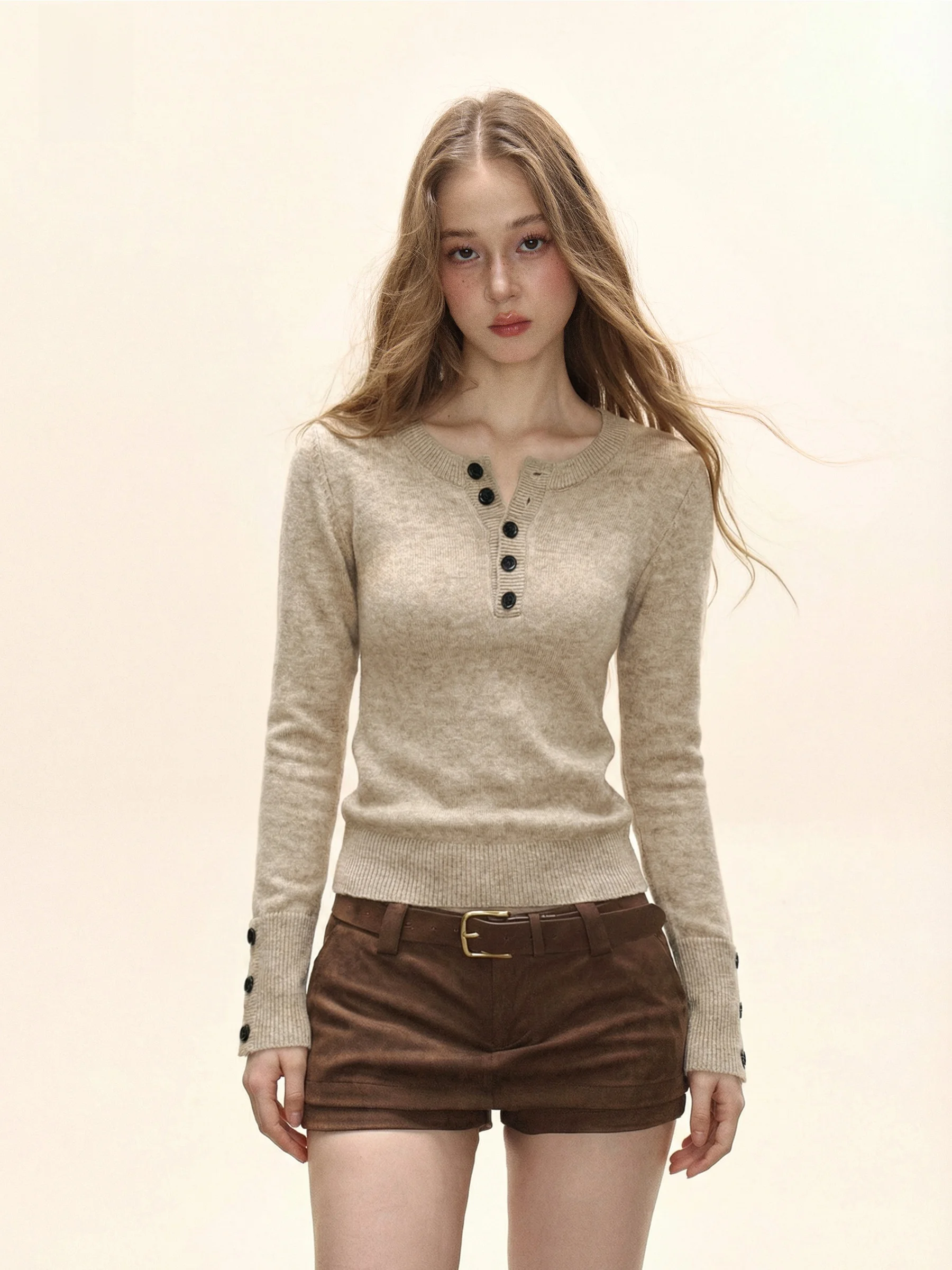 

iyue Women's Knitted Base irt Casual Slim Fit f Open Collar Inner Wear Oaeal Color Sweater Leisure Top