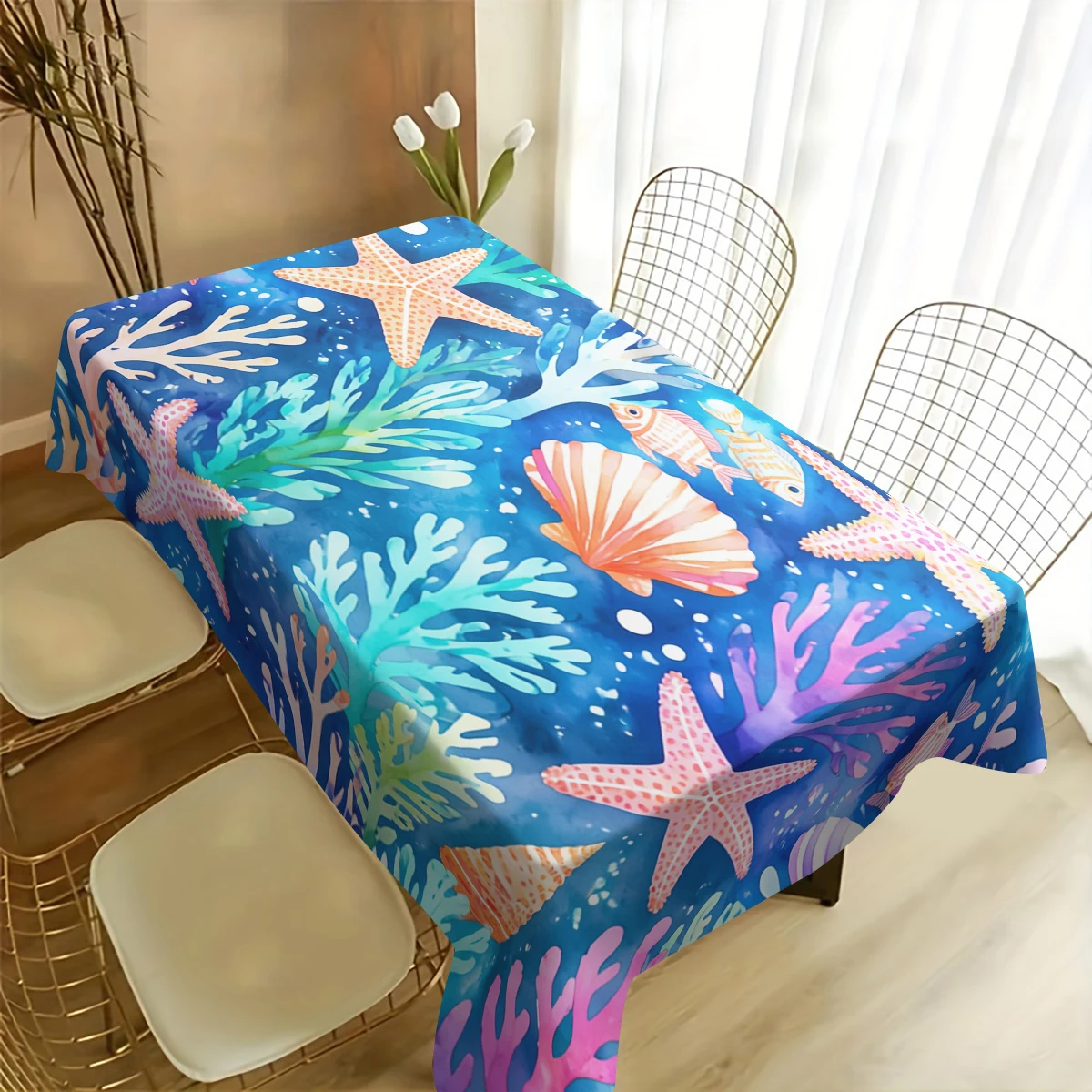 Coastal Seascape Pattern Polyester Tablecloth - Decorative Dining Table Cover, Stylish Beach Themed Home Table Decoration