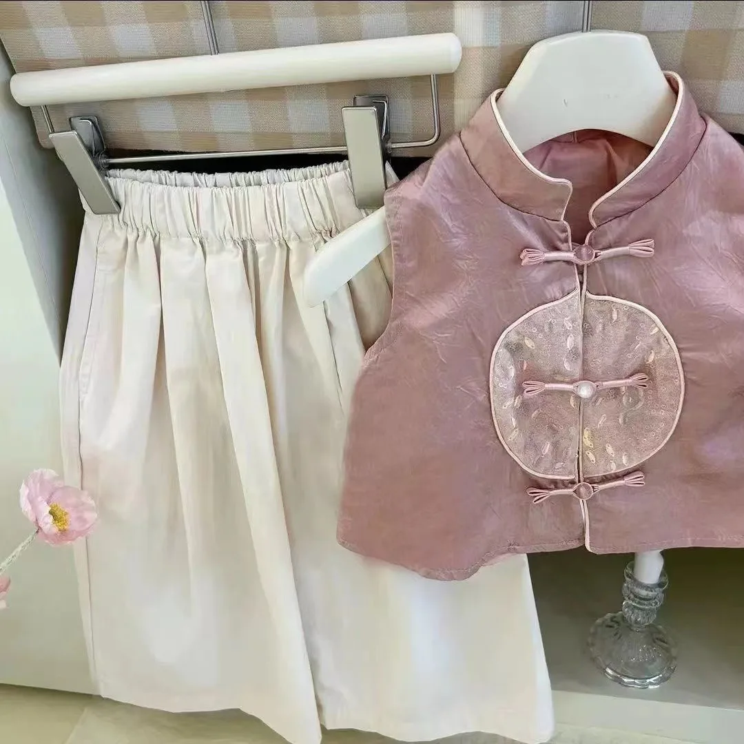 Summer Girls Sets Chinese‑Style Outfit For Little & Medium Kids Tang Suit Set With Frog‑Button Embroidered Vest +Wide‑Leg Pants