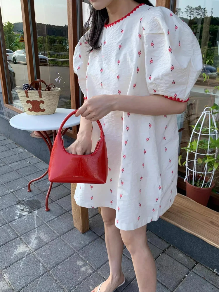 여름 시크 버블 슬리브 드레스 여성용 짧은 A라인 스커트 라운드 넥 스트라이프 스플라이싱 루즈 웨이스트 한국 스타일 봄 가을