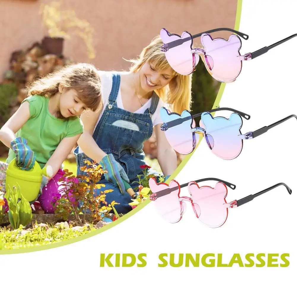 Lunettes en forme d'ours de dessin animé pour enfants, lunettes sans monture, anti-UV, extérieur, garçons, filles, mignon, été, E4g8