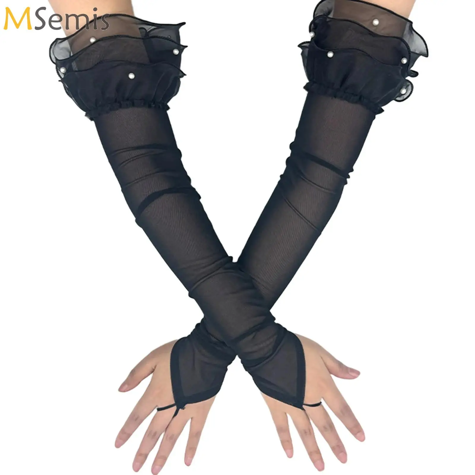 Guanti sexy da donna lunghi senza dita trasparenti con elasticità in rete con gancio per dito, etichetta solida, accessori per cosplay