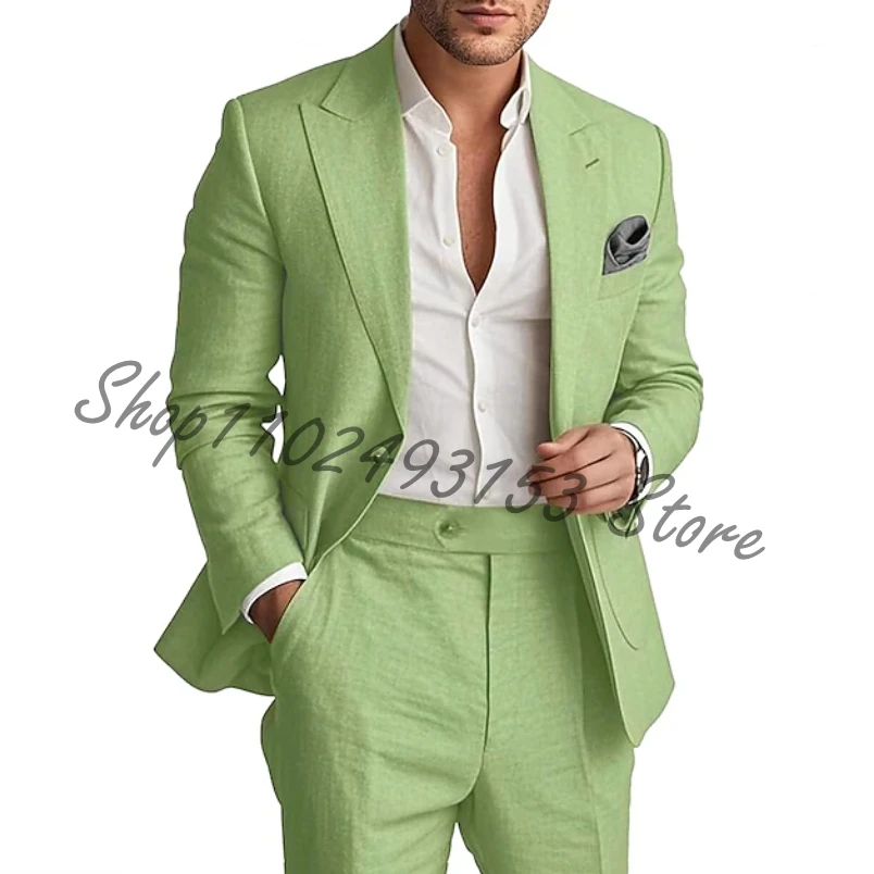 Men's 2-Piece Linen Suit Slim Fit Groomsmen Suits Casual Wedding Summer Beach Tuxedo Blazer Pants Linen Costume Homme Mariage