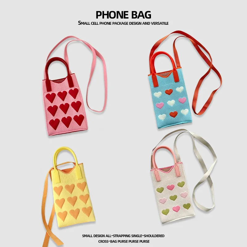 

Women's Bag Super Cute Mini Knitted Mobile Phone Bag Checkered Wave Crossbody Bag Contrasting Color Handbag For Students