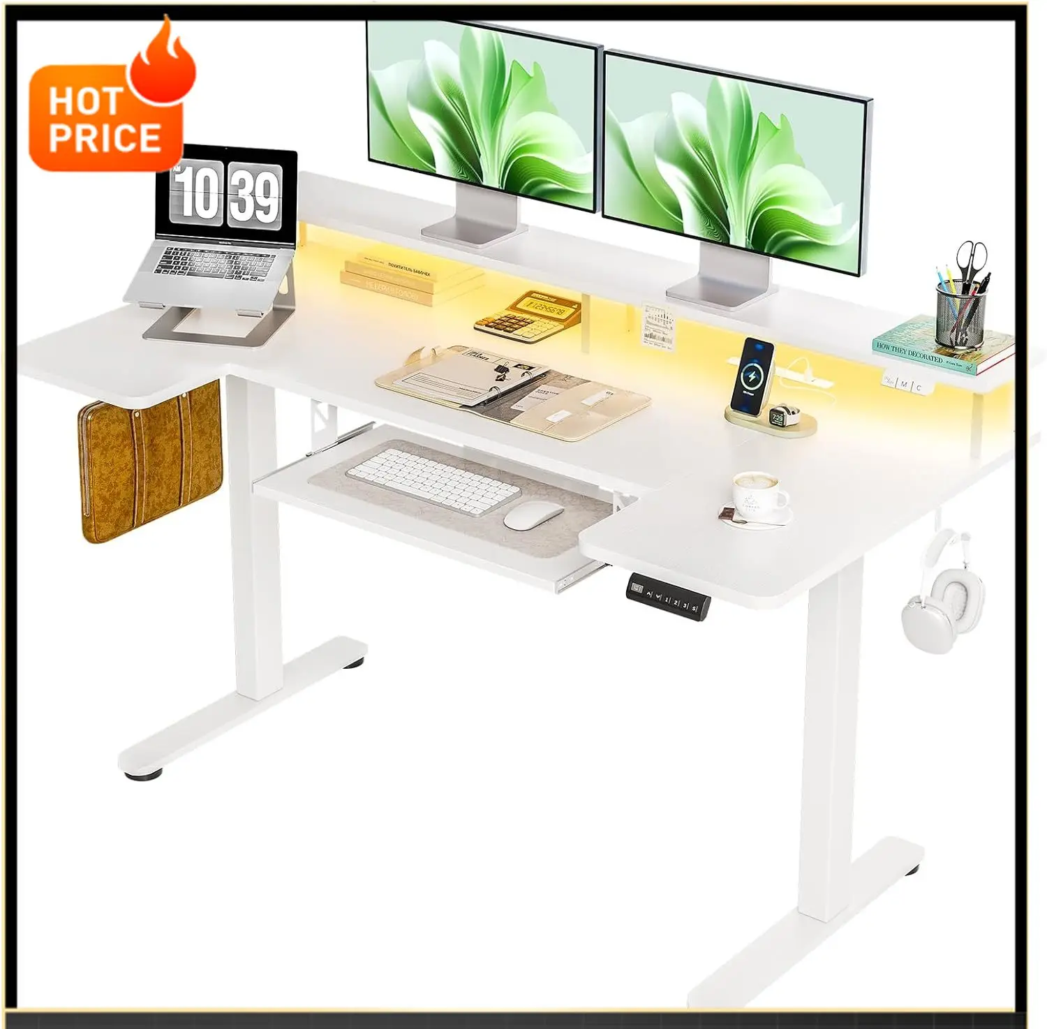 

BestsellerBestsellerU Shaped Electric Standing Desk with Keyboard Tray, 55 Inch Height Adjustable Desk with Power Outlets & LED