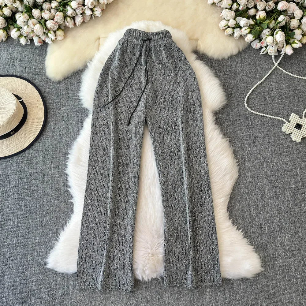 Basics High Waist Lace-up Rhinestone Loose Wide Leg Pants Fashion Streetwear High Street Women Casual Autumn Winter Clothing