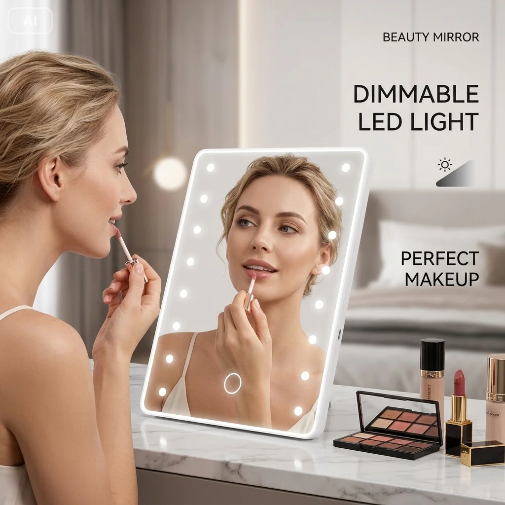 LED Vanity Mirror with Touch Screen USB Rechargeable Dimming Makeup Mirror 3 Brightness Portable For Tabletop Bathroom Travel