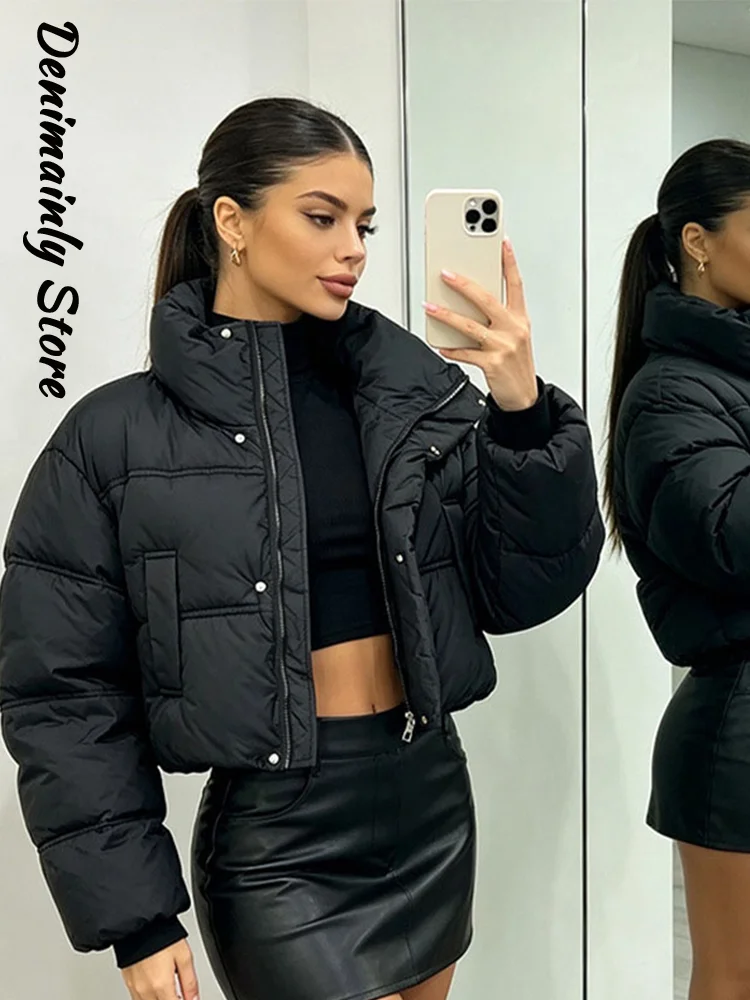 Women's Cropped Padded Cotton Coats Loose Stand Collar Single Breasted Full Sleeve Solid Jacket 2026 Autumn Winter Warm Outwear