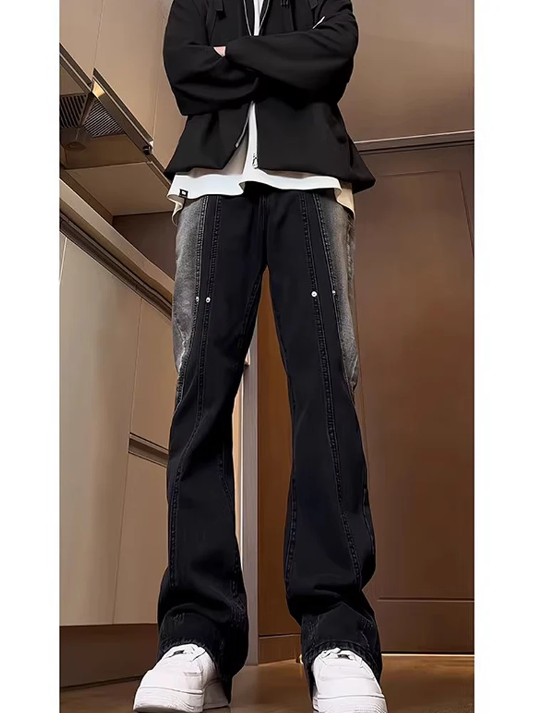 

Cleanfit American High Street Sle Men's Jeans Rivet Straight Leg Long Trousers Bla ey Cotton Polyester Blend Jeans