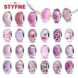 925 Sterling Silver Pink Color Series Beads Heart Flower Murano Glass DIY Jewelry Charms Fit Original Bracelet for Women Gifts